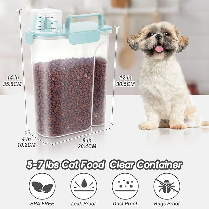 10LBS Dog Cat Storage Container Portable with Upgraded Large Spout and Cup,Plastic Pet Food Dispenser for Small Animal Kibble, Bird Seed,Oatmeal,Rice,flour,brown sugart-2 pack Light Blue