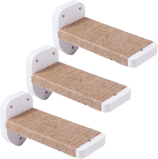 3pcs Cat Wall Steps, Cat Climbing Wall Mounted Cat Furniture, Cat Wall Shelves Cat Steps for Wall with Hemp Rope Covered, Solid Wood Cat Ladder for Cats Playing and Climbing (Standard-White)