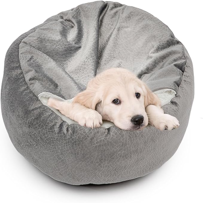 Dog Bed Warm with Hooded Blanket, Anti-Anxiety Puppy Pet Bed Cave Super Soft, Non-Slip Bottom, Machine Washable, Cozy Donut Indoor Pet Beds Fluffy for Dogs and Cats, Fits up to 22 lbs, 19.7 inch Grey