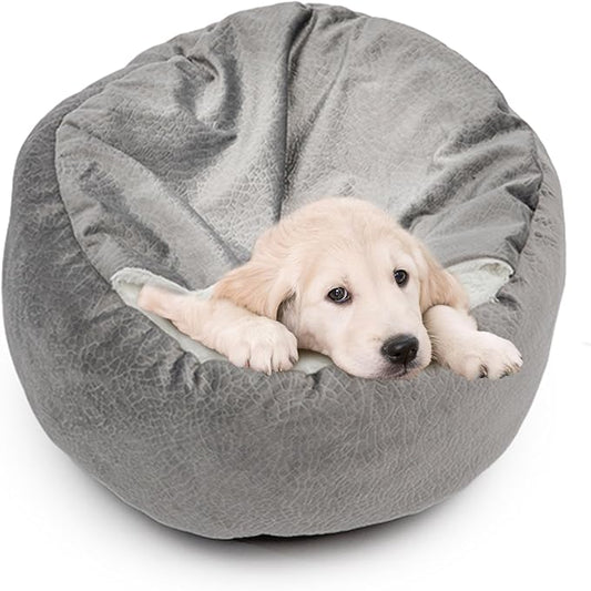 Dog Bed Warm with Hooded Blanket, Anti-Anxiety Puppy Pet Bed Cave Super Soft, Non-Slip Bottom, Machine Washable, Cozy Donut Indoor Pet Beds Fluffy for Dogs and Cats, Fits up to 22 lbs, 19.7 inch Grey