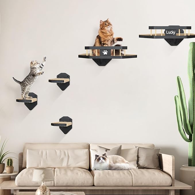 Cat Wall Furniture Wall Mounted, 2PCS Cat Shelves and Cat Perches for Wall with 3 Cat Wall Steps and Scratching Pad, Cat Wall Shelves Fit Cat Up to 15Lbs, Wood Cat Hammock Wall Mount (Black)