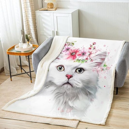 Cute Cat Plush Blanket White Pet Cat Fleece Throw Blanket Colorful Flowers Cartoon Cat Sherpa Blanket for Sofa Couch Bed 3D Animal Theme Cat Lovers Fuzzy Blanket Room Decor Throw 50x60 Inch