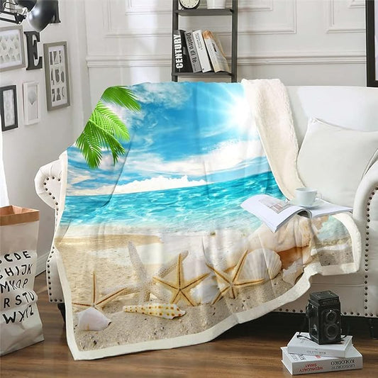 Erosebridal Beach Themed Blanket Blue Ocean Throw Blanket for Bed Couch Seashell Starfish Printed Fleece Blanket Twin Size Beach Coastal Sherpa Blanket for Kids Teens Adults,Soft