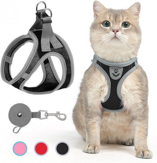 SCENEREAL Cat Harness and Leash Set Escape Proof, Adjustable Soft Air Mesh Kitten Harnesses for Girls Boys Small Medium Big Cats, Reflective Light Travel Pet Walking Vest for Puppy Rabbit, Black L