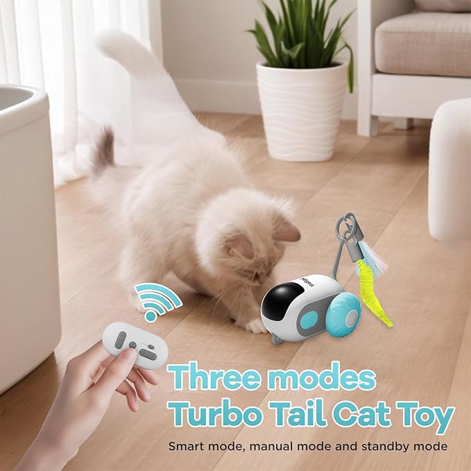 Turbo Tail 3.0, Teazys Cat Toy Turbo Tail, Smart Remote Control Electric Interactive Cats Toy, Type-C Rechargeable Turbo Tail Mouse Cat Toy with Feathers (2pcs Blue)