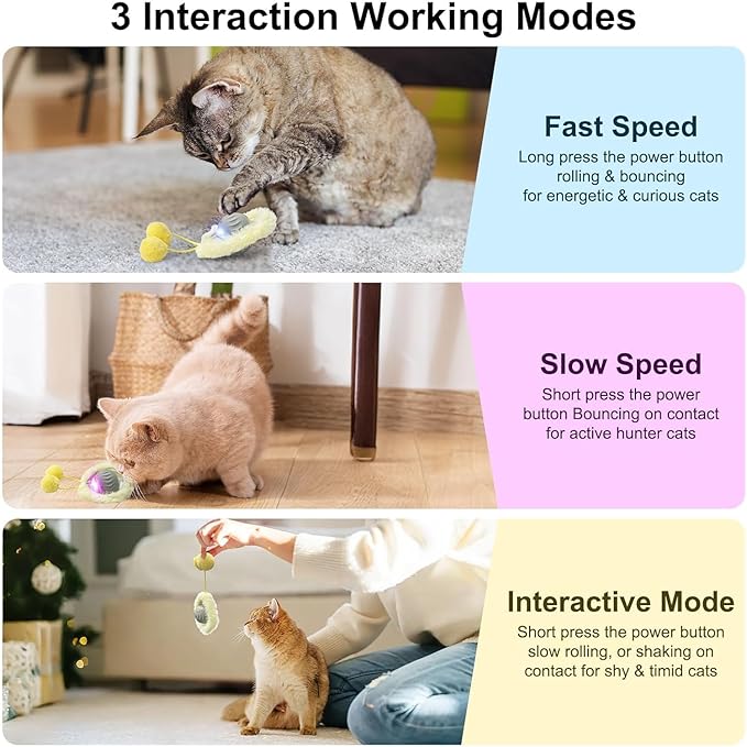 Cat Toys, Interactive Cat Toys for Indoor Cats USB Rechargeable, Automatic Motion Activated Moving Hide and Seek Self Rotating Electric Cat Ball Toy in Play Mat with LED Lights, 2 Plush Cover