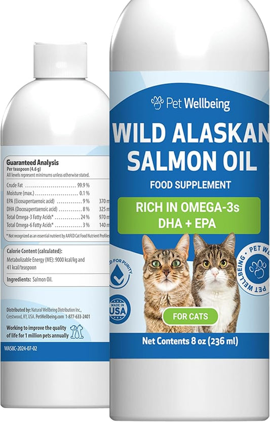 Pet Wellbeing Wild Alaskan Salmon Oil for Cats - Wild-Caught, Cold-Processed, Daily Omega-3 Fish Oil for Healthy Coat and Skin, Joint Mobility and Strength - EPA, DHA - 8 fl oz (236 ml)