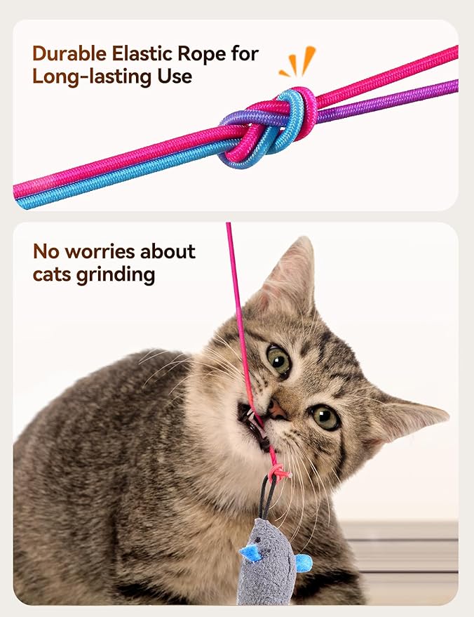 Interactive Cat Toys LED Light Hanging Cat Toys for Indoor Cats, Cat Wand Toy Cat Feather Toy, Feather & Mouse Cat Toys for Bored Adult Cats Kitten Exercise, White