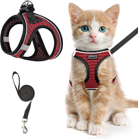 Cat Harness and Leash for Walking Escape Proof, Adjustable Kitten Vest Harness Reflective Soft Mesh Puppy Harness for Outdoor, Comfort Fit, Easy to Control (Red, M)