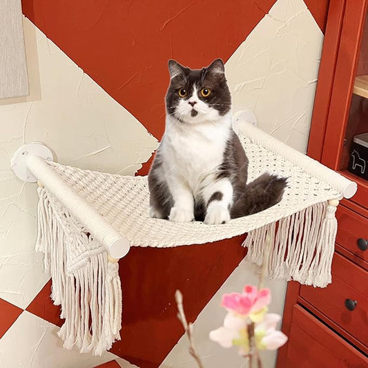Cat Wall Shelves and Perches for Indoor Cats, Comfy Macrame Cat Wall Hammock, Sturdy Wall Mounted Cat Beds, Solid Metal Frame Cat Wall Furniture for Sleeping, Playing, Climbing, and Lounging