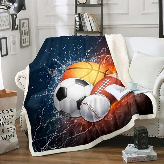 Erosebridal Sports Fleece Blanket Boys Twin Size,Baseball Soccer Sherpa Flannel Kids Teens Basketball Football Plush Blankets Ball Games Blanket,Fire Ice Trippy Lightening Decor Soft Luxury