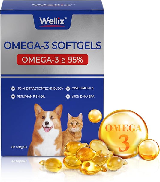 Pure Omega 3 Fish Oil for Dogs & Cats, Skin and Coat Supplement for Shedding, Promotes Heart, Skin, Coat, Joint, & Immune Health， Over 95% Omega 3, Rich in EPA + DHA, 60 Softgels