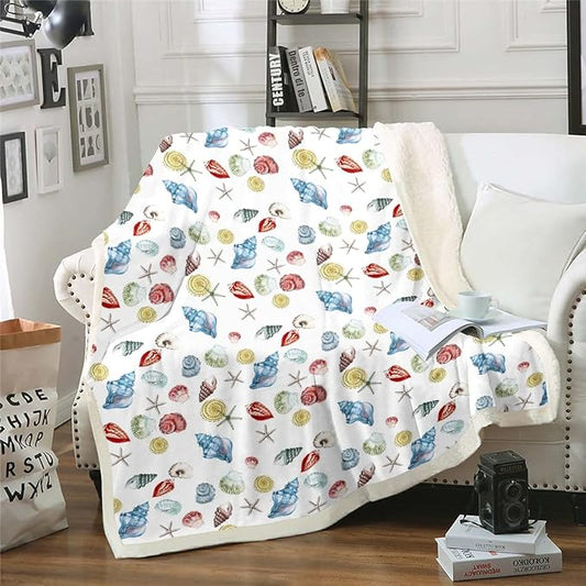 Seashell Fleece Blue Conch Blanket, Soft Colorful Starfish Plush Twin Size Ocean Theme Throw for Couch, Sofa, Kids, Boys, Girls, Coastal, Sea Animal Blanket