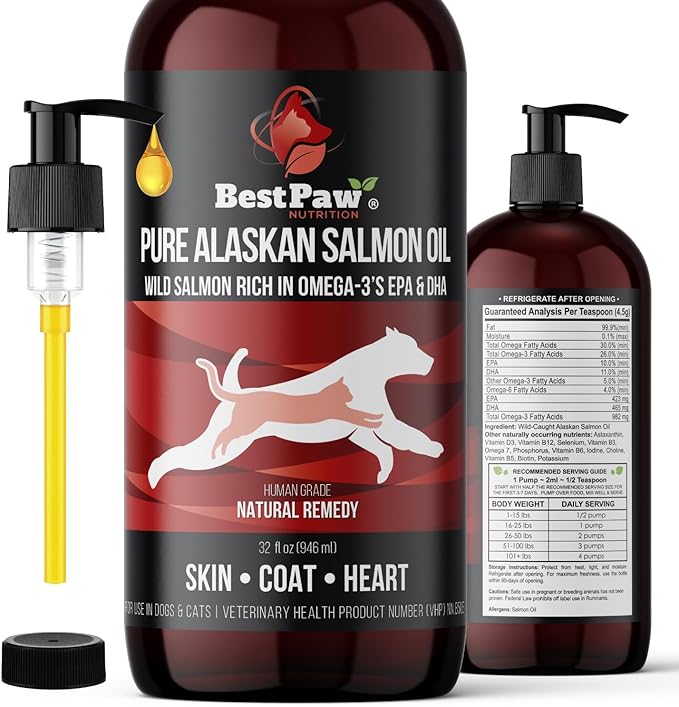 Pure Wild Alaskan Salmon Oil for Dogs & Cats Skin and Coat - Fish Oil Liquid with Pump - Supports Joint Function, Immune & Heart Health - Omega 3 Liquid Food Supplement - All Natural EPA + DHA - 32oz