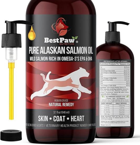 Pure Wild Alaskan Salmon Oil for Dogs & Cats Skin and Coat - Fish Oil Liquid with Pump - Supports Joint Function, Immune & Heart Health - Omega 3 Liquid Food Supplement - All Natural EPA + DHA - 32oz