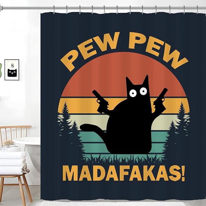 Funny Cat Shower Curtains, Pew Pew Madafakas Shower Curtain, Crazy Cat with Guns 72 x 72 Inch Waterproof Shower Curtains with Metal Hooks for Bathroom Decor
