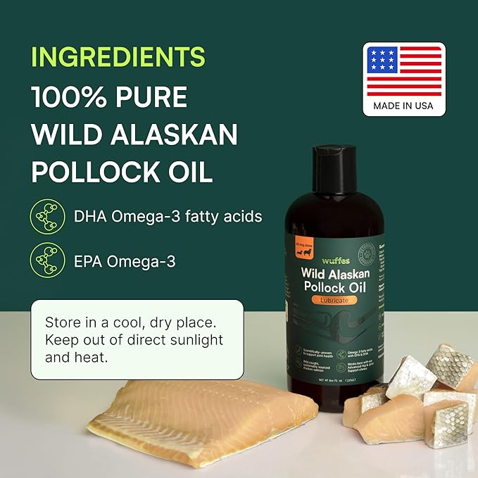Wuffes Wild Alaskan Pollock Oil for Dogs - Natural EPA & DHA Fatty Acids, Omega 3 for Canines, Supports Healthy Skin and Coat, Joint Nutrition, and Immune System - 100% Pure Fish Oil for Pets - 8 Oz