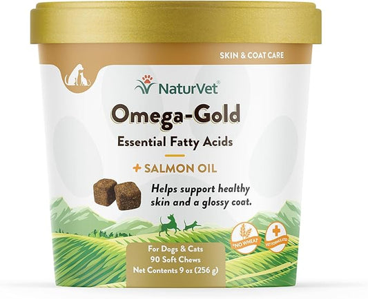 NaturVet – Omega-Gold Plus Salmon Oil | Supports Healthy Skin & Glossy Coat | Enhanced with DHA, EPA, Omega-3 & Omega-6 | for Dogs & Cats | 90 Soft Chews