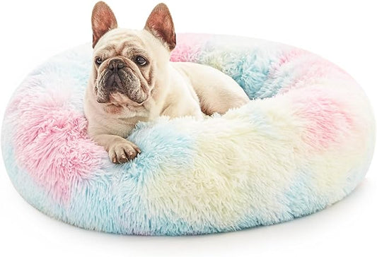 Love's cabin 24in Cat Beds for Indoor Cats - Cat Bed with Machine Washable, Waterproof Bottom - Fluffy Dog and Cat Calming Cushion Bed for Joint-Relief and Sleep Improvement, Rainbow