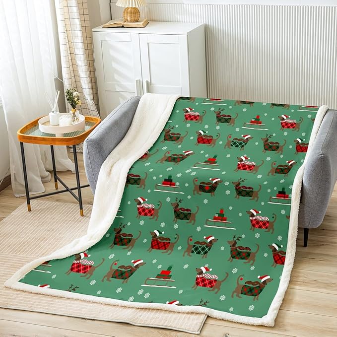 Erosebridal Dachshund Fleece Blanket for Kids Boys Girls Christmas Sherpa Blanket Queen Size Cute Sausage Dog Blanket Xmas Sleigh Throw Blanket for Chair Snowflake Decorations Travel Blanket