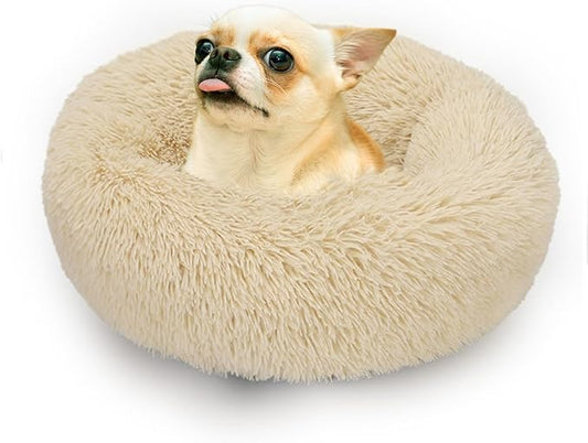 Small Dog Bed White Cream,Calming Dog Bed for Small Dogs,19 inches Donut Fluffy Pet Beds,Anti Anxiety Round Fits up to 10 lbs Soft Warm Pets Beds for Puppy Dogs Indoor