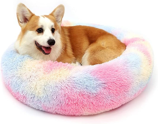 Dog Bed Calming Dog Beds for Small Medium Large Dogs - Round Donut Washable Puppy Dog Bed, Anti-Slip Faux Fur Fluffy Donut Cuddle Anxiety Cat Pet Bed(36'' Color)