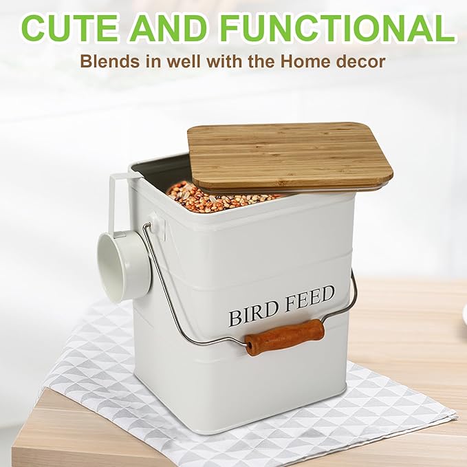 Bird Seeds storage container, Metal food tin for Birds, pet snacks Canisters with wooden lid/handle/sevice scoop,hold 5-6 lbs
