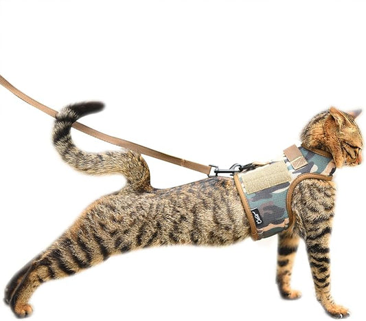 Tactical Cat Harness and Leash for Walking Escape Proof Breathable Mesh Fabric, Jungle Camo, Large, Adjustable Cat Walking Jackets, Padded Stylish Cat Vest