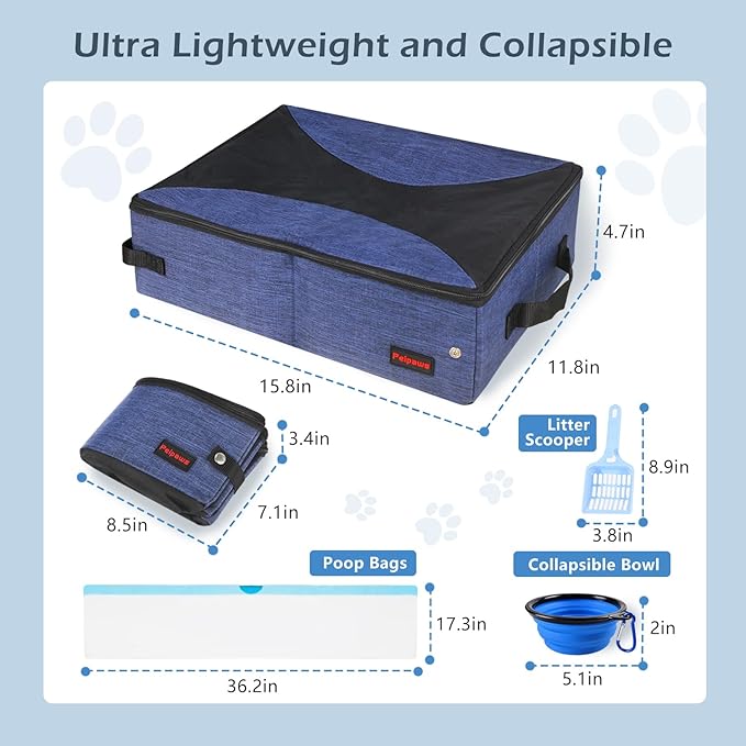 Portable Litter Box for Cats for Travel with Zipper Leak-Proof Lid, Double Carry Handles, Collapsible Litter Box for Cats, Waterproof. Includes Bonus Water Bowl+Scooper+Poop Bags (Blue,M)