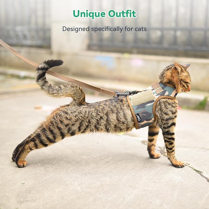 Tactical Kitty Harness and Leash for Walking Escape Proof Breathable Mesh Fabric, Jungle Camo, Small, Adjustable Cat Walking Jackets, Padded Stylish Cat Vest