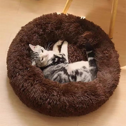 Cat Beds for Indoor Cats - Cat Bed Washable 20/24 inches, Dog Beds for Small Medium Dogs, Anti Anxiety Round Fluffy Plush Faux Fur Cat Bed, Thick Bottom (Coffee, Large)