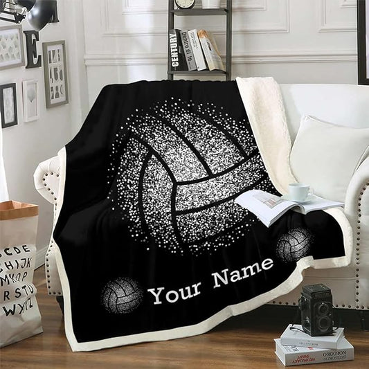 Erosebridal Kids Volleyball Sherpa Blanket Personalized Throw Blanket 90"x90" Black Modern Unisex Kids Sports Blanket