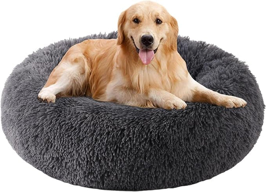Calming Dog Bed, Dog Beds Fits up to 40 lbs Pets, Fluffy Donut Dog & Cat Bed Washable, Round Anti Anxiety Dog Bed, Small Dog Bed with Non-Slip Bottom (Dark Grey, 28" x 28")