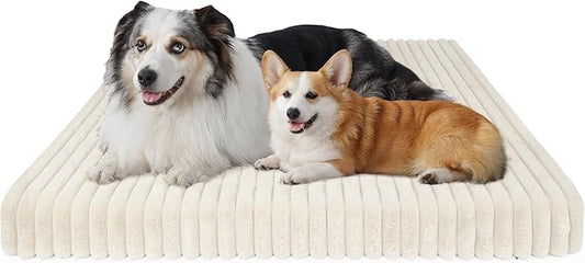 Waterproof Orthopedic XL Dog Bed, Egg Foam Supportive Dog Beds with Washable Cover, Corduroy Fleece Super Soft Pet Bed Furniture for Indoors (44" x 32", Beige)
