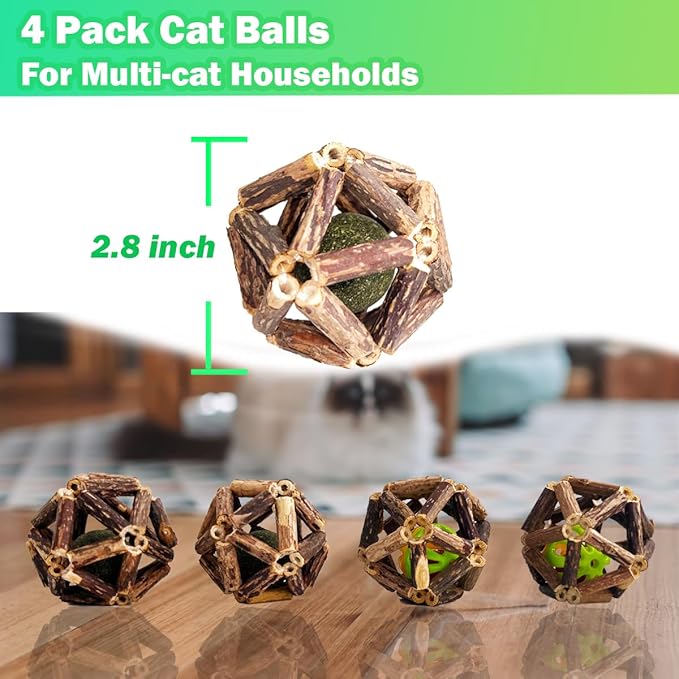 Cat Toys, 4 Packs Catnip Ball Toys, Nature Silvervine Stick Cage Cat Bell Balls, Catnip Toys for Cleaning Teeth, Relaxing Cats, for All Breeds