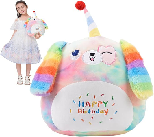 16 Inch Plush Rainbow Dog Stuffed Animal Happy Birthday Dog Hugging Pillow Birthday Dog Plushies Throw Pillow Birthday Rainbow Puppy Anime Gift for Kids and Lovers