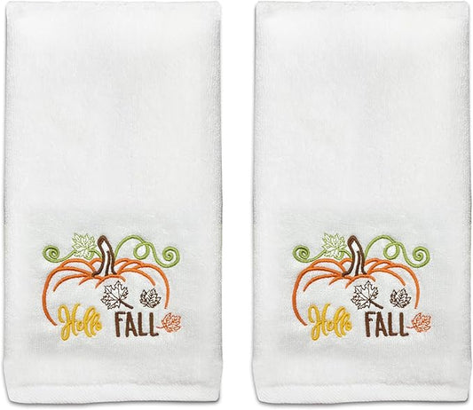 Hexagram Fall Hand Towels Set of 2, Hello Fall Bathroom Embroidered Towels, Pumpkin Hand Towel for Bathroom 14" x 30", Autumn Decorations for Home