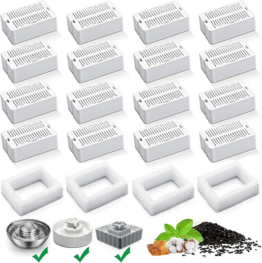 Cat Water Fountain Replacement Filters,16 Pack Cat Fountain Carbon Filters and 4 Pack Foam Filters for Ceramic Pet Drinking Fountain and Stainless Steel Pet Water Fountain (16+4 Pack)