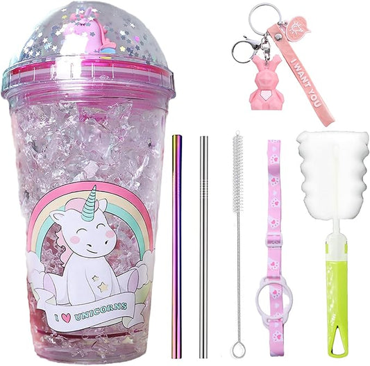Unicorn Cup with Straw Kids Travel Tumbler Watter Bottle Plastic Cup for Party Gift Ice Coffee Mug (purple unicorn2, 6.5 * 20cm)