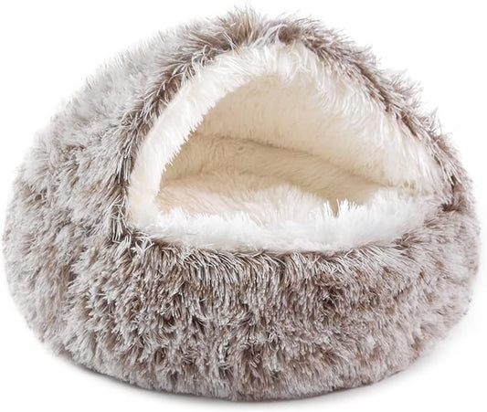 NOYAL Dog Bed Round Hooded Plush Cat Cave Donut Anti Anxiety Fluffy Dog Bed for Small Medium Dog and Cat