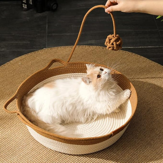 Handwoven Cotton Rope Cat Bed Cat Hammock Foldable Sleeping Nest Basket Handmade Natural Cradle Scratcher Cuddler for Kitten Cute Style with a Playing Rope Ball