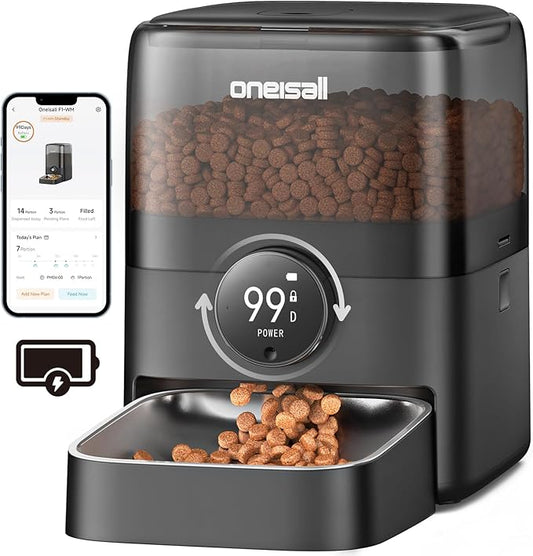 oneisall Automatic Cat Feeder, WiFi Rechargeable Cordless Pet Feeder, 100 Day Battery Operated Pet Feeder, 3L Timed Cat Food Dispenser for Large Kibble, Smart App Control, Black