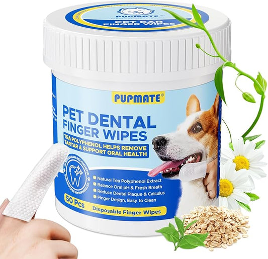 Dental Care Wipes for Dog & Cat- Teeth Cleaning Finger Wipes for Plaque and Tartar Removal, Safe & Gentle Disposable Toothbrush Wipes for Fresh Breath & Gum Care - 50 Pcs