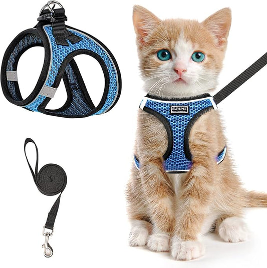 Cat Harness and Leash for Walking Escape Proof, Adjustable Kitten Vest Harness Reflective Soft Mesh Puppy Harness for Outdoor, Comfort Fit, Easy to Control (Blue, M)