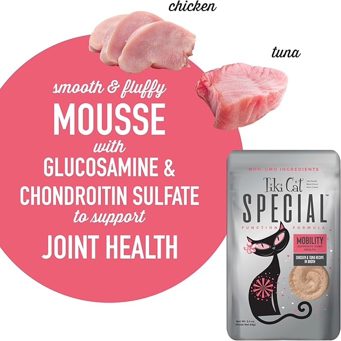 Tiki Cat Special Mobility Mousse, Chicken & Tuna Recipe in Broth, Formulated to Support Healthy Joints, Functional Wet Cat Food, 2.4 oz. Pouches (12 Count)