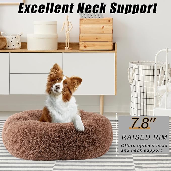 Calming Dog Bed, Dog Beds Fits up to 40 lbs Pets, Fluffy Donut Dog & Cat Bed Washable, Round Anti Anxiety Dog Bed, Small Dog Bed with Non-Slip Bottom (Khaki, 28" x 28")