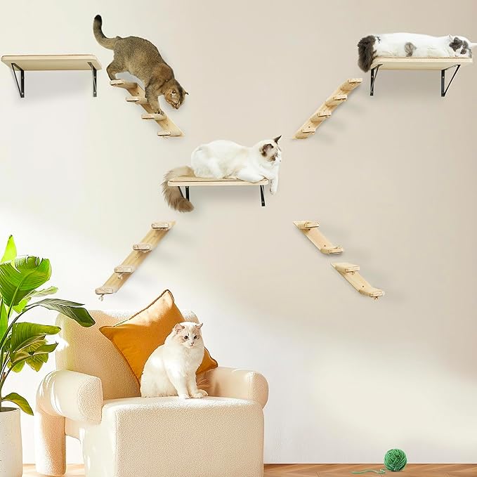 Cat Wall Furniture Set, 2PCS Cat Shelves & 2PCS 4 Steps Cat Wall Shelves Stairs Tower Cat Climbing Shelves Scratching Perches for Climbing Sleeping, Playing