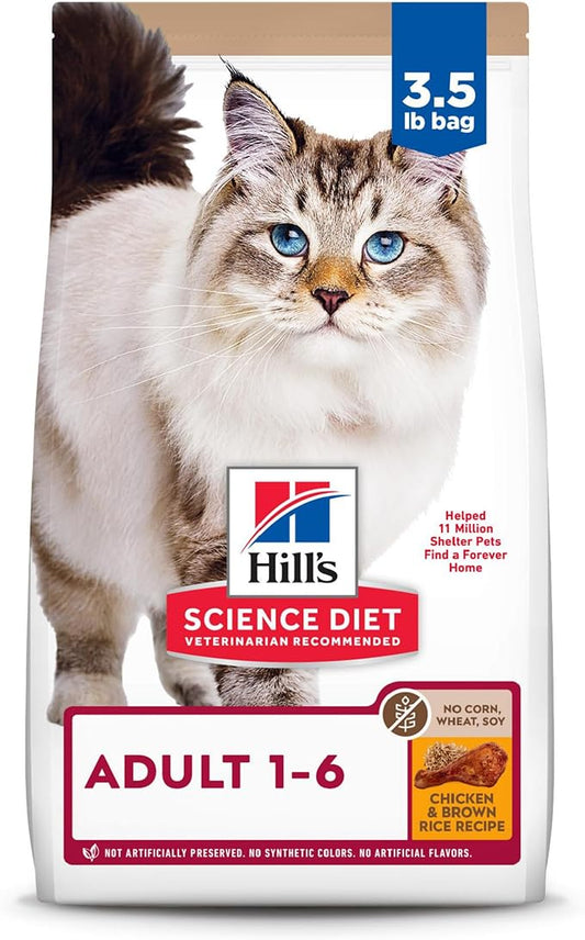 Hill's Science Diet Adult 1-6, Adult 1-6 Premium Nutrition, Dry Cat Food, No Corn, Wheat, Soy Chicken & Brown Rice Recipe, 3.5 lb Bag