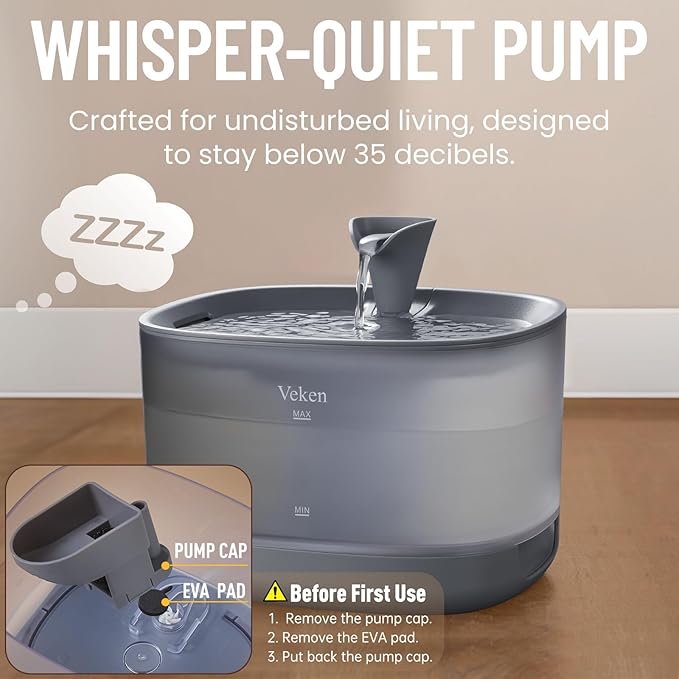 Veken Cat Water Fountain, 84oz/2.5L Automatic Pet Water Fountain Dog Water Dispenser with a Detachable Water Tank, Easy Cleaning for Cats, Dogs (Grey)