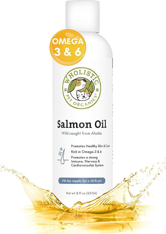 Wholistic Pet Organics Salmon Oil: Deep Sea Wild Alaskan Salmon Oil for Dogs and Cats - Natural Omega 3 Dog Fish Oil Supplement with EPA and DHA for Skin, Coat, Heart and Nervous System Health